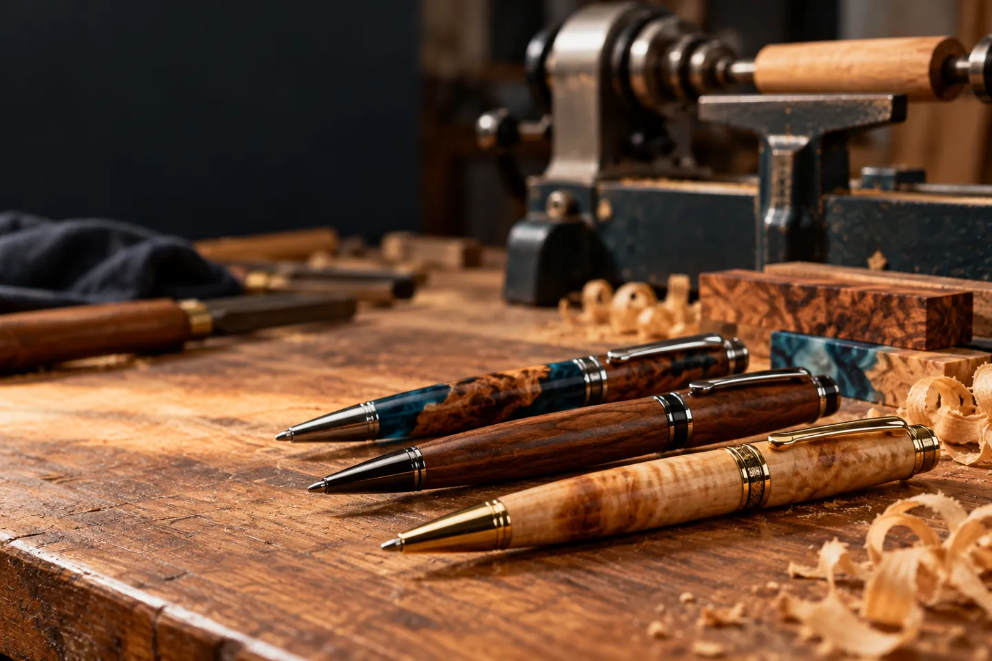 Illustrative studio image of handmade pens and woodturning tools